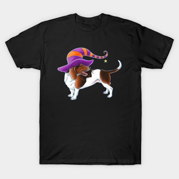 Basset Hound Halloween Witch Hat T-Shirt by dragonstarart